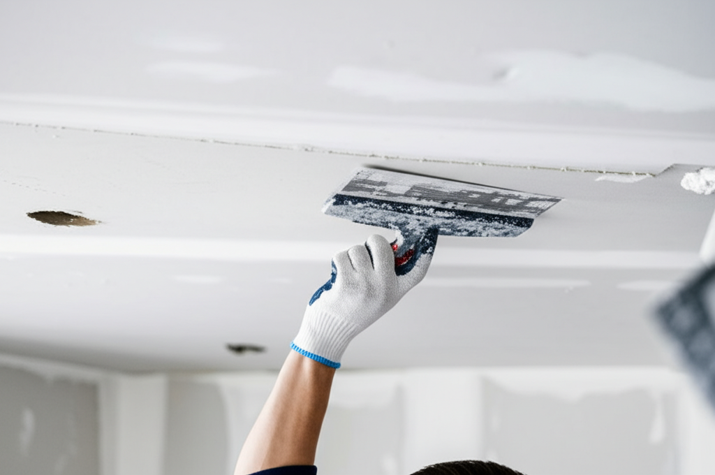Ceiling Repair - Worker repairing damaged ceiling