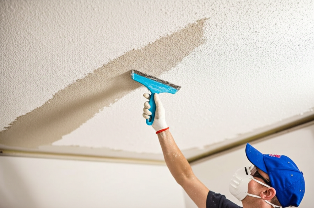 Popcorn Ceiling Removal - Worker removing popcorn ceiling